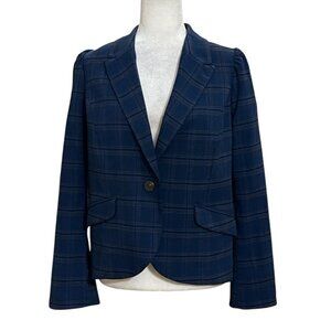 BB Dakota Navy Blue Plaid Blazer Jacket Women Large Cropped Tailored Career
